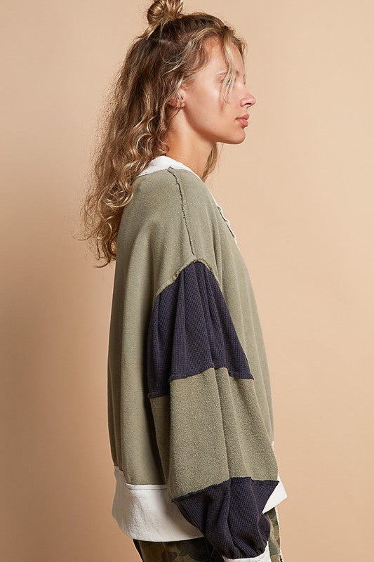 Hensley Oversize round neck color block long sleeve top