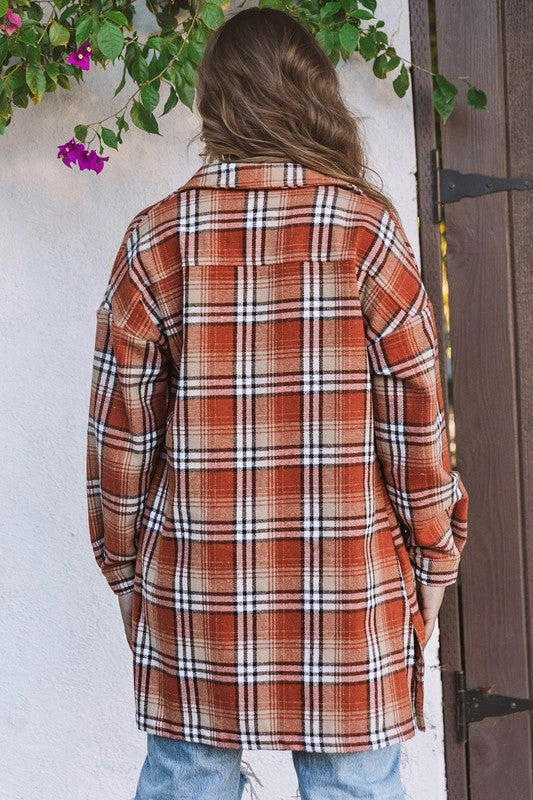 Missy Orange Plaid Side Slit Shirt Dress Shacket