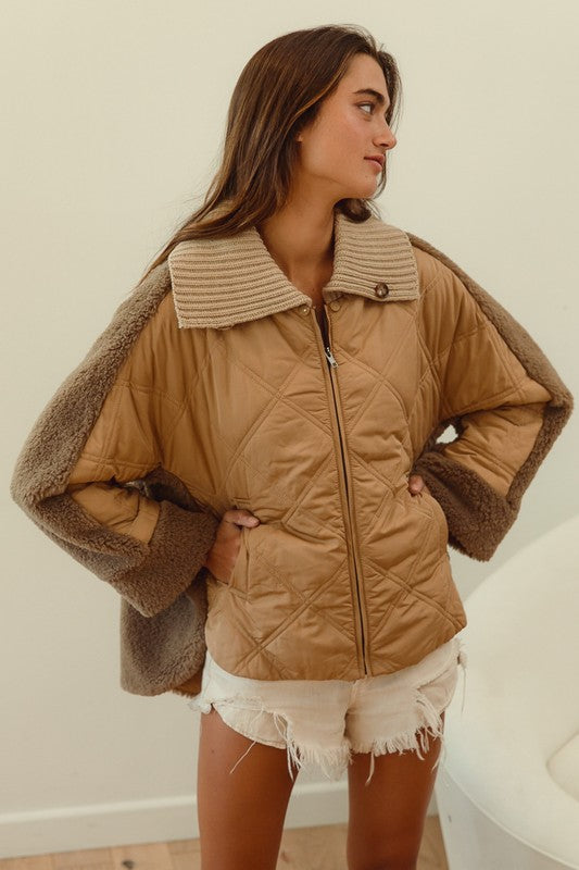 QUILTED JACKET SHERPA COMBO COLLARED JACKET