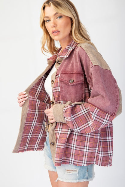 PLAID MIX CORDUROY BUTTON DOWN SHACKET