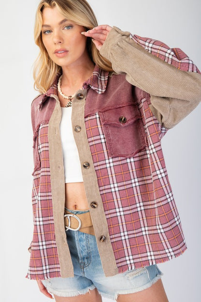 PLAID MIX CORDUROY BUTTON DOWN SHACKET