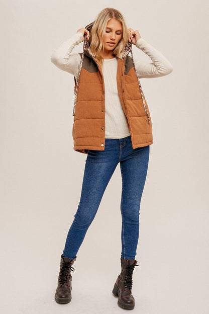 Puff Color Block Plaid Hoodie Vest !