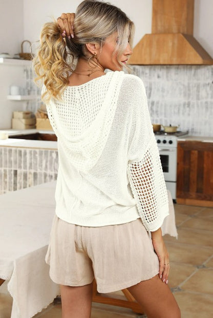 Open Knit Long Sleeve Pocketed Hooded Sweater