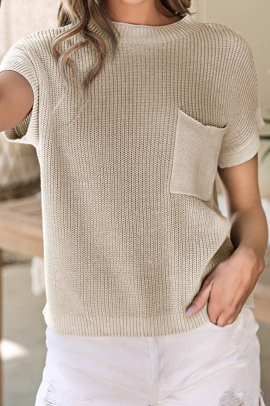 Pale Khaki Patch Pocket Short Sleeve Sweater