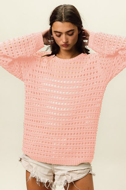 ROUND NECK OPEN KNIT SWEATER TOP