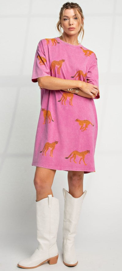 MINERAL WASHED CHEETAH PRINT T SHIRT DRESS