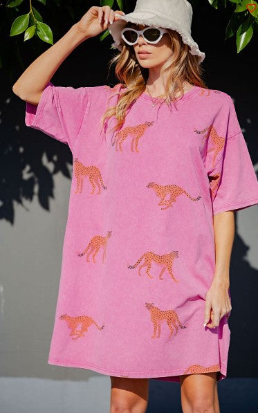 MINERAL WASHED CHEETAH PRINT T SHIRT DRESS