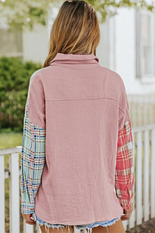 Plaid Contrast Color Block Shacket with Slits