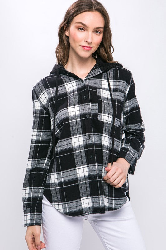 Plaid Flannel Button Up Shacket with Hood !