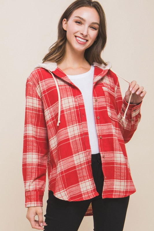 Plaid Flannel Button Up Shacket with Hood !