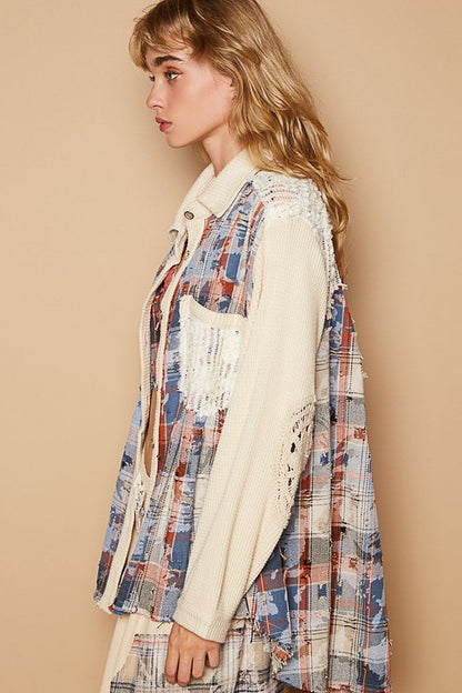 Pol Oversized plaid print lace pockets shacket