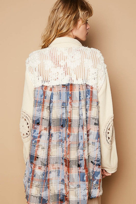 Pol Oversized plaid print lace pockets shacket