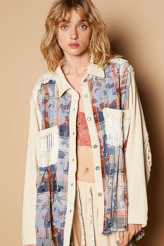 Pol Oversized plaid print lace pockets shacket