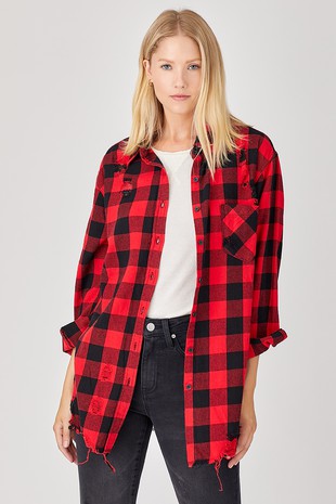 Just Checkin Long Distressed Red and Black  Flannel