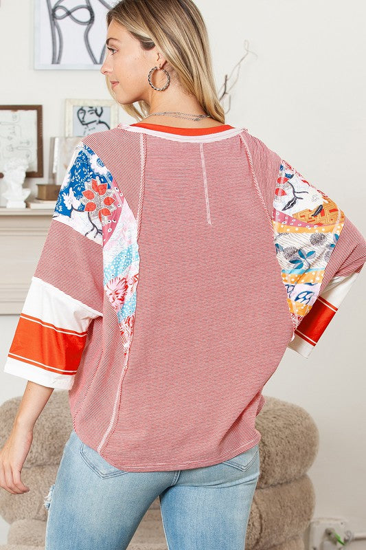 Boho Pinstriped Color Block Patchwork Oversized Top