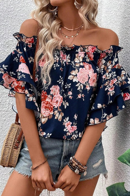 Ruffle Off Shoulder Flounce Sleeve Floral Blouse