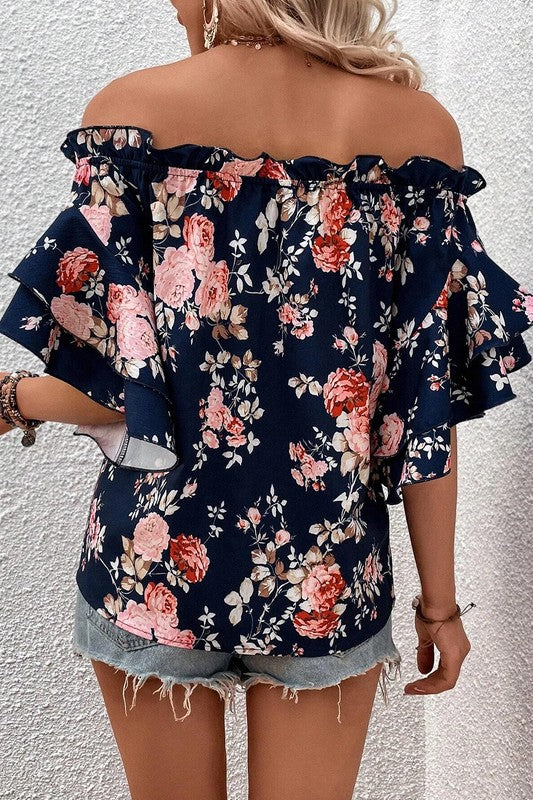 Ruffle Off Shoulder Flounce Sleeve Floral Blouse