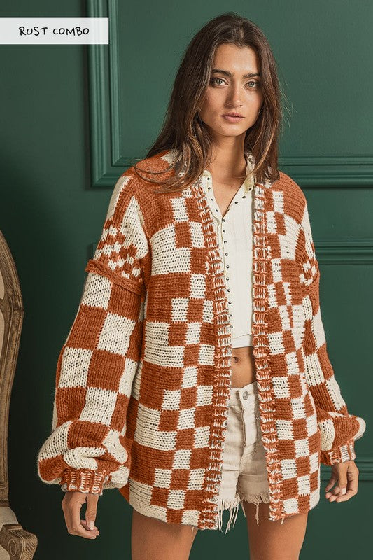MIXED CHECK PATTERN LOOSE FIT CHUNKY CARDIGAN RUST