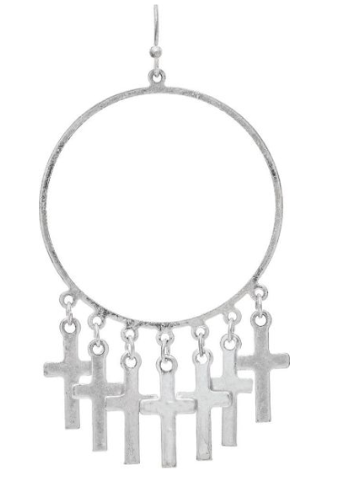 Silver Cross Dangle Fringe Round Earring