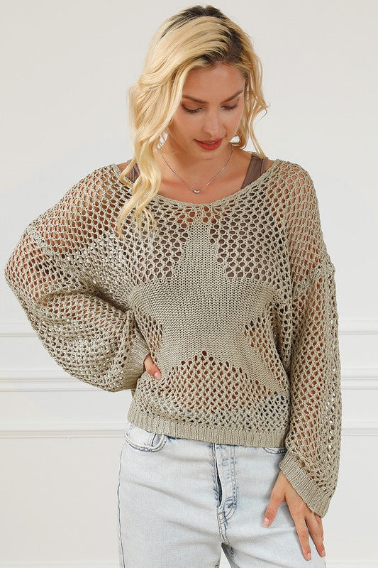 Khaki Star Pattern Drop Sleeve Hollow Out Sweater