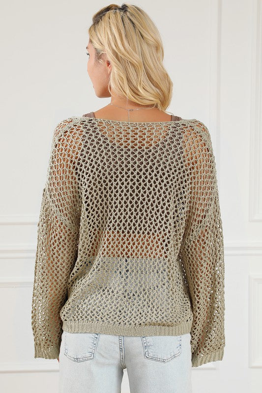 Khaki Star Pattern Drop Sleeve Hollow Out Sweater