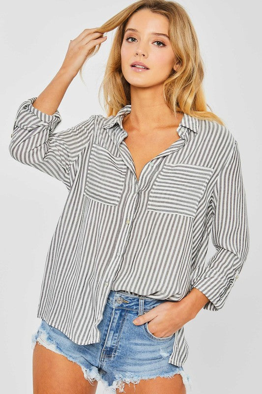 Striped Roll Up Long Sleeve Button Down Blouse