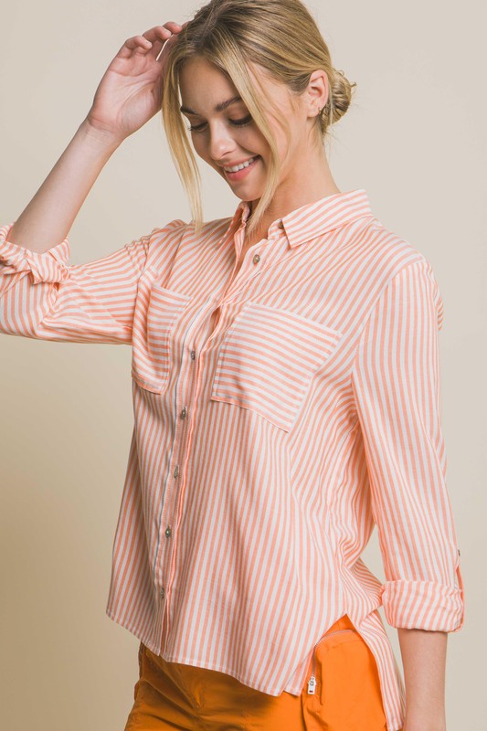 Striped Roll Up Long Sleeve Button Down Blouse