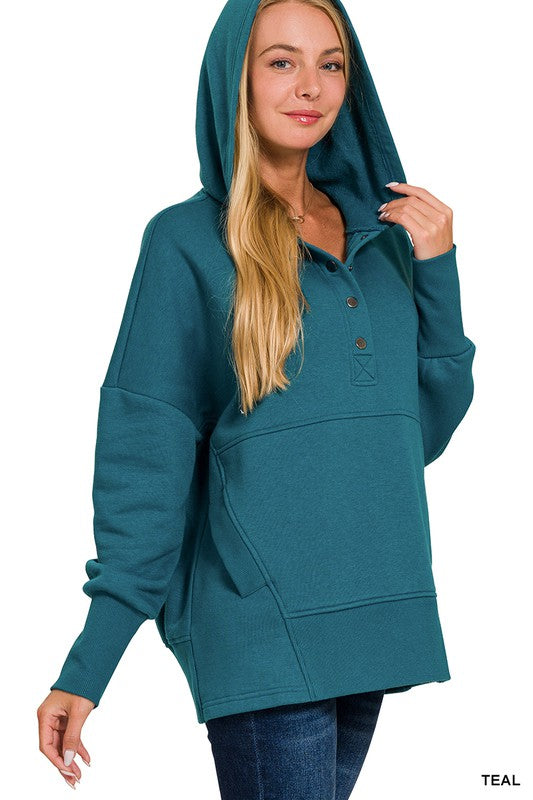 HALF BUTTON HOODED PULLOVER WITH KANGAROO POCKET