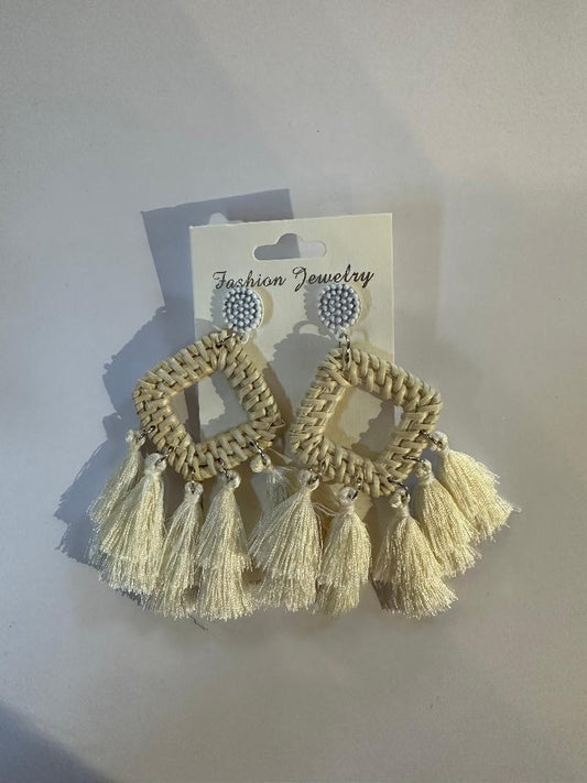 Ivory Basket Material Diamond Earrings With Tassels