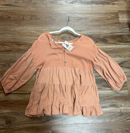 Peach Woven Mix Knit Ruffle Sleeve Top Easel