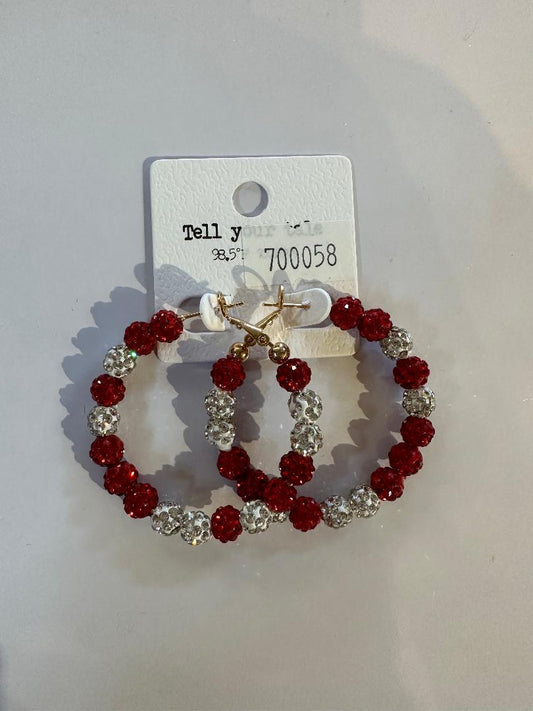 Red and White Crystal Ball Hoop Earrings