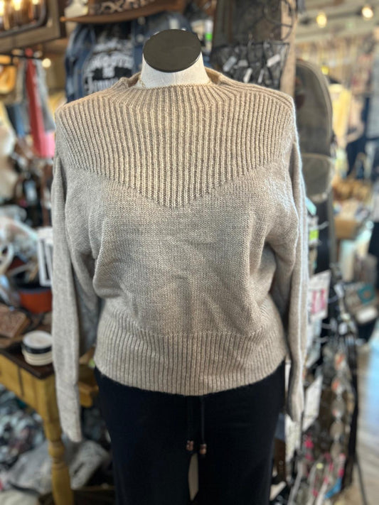 "V" Knit Long Sleeve Cropped Sweater - Oatmeal