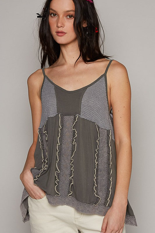 V-neck sleeveless big ruffle front knit top