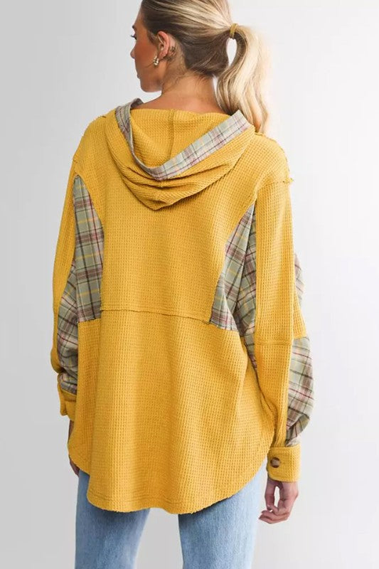 Kristen Waffle Knit Plaid Patchwork Pocketed Henley Hoodie