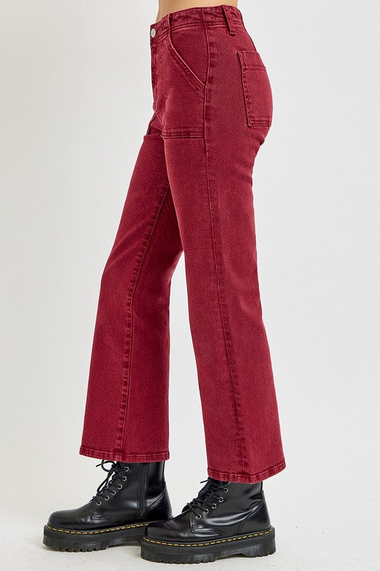 HIGH RISE PATCH POCKETS ANKLE FLARE PANTS