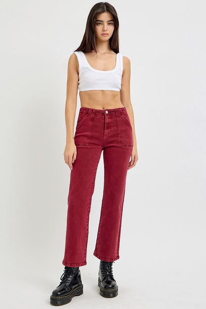 HIGH RISE PATCH POCKETS ANKLE FLARE PANTS