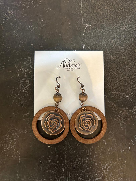 Wooden Beaded Brass Rose Earrings