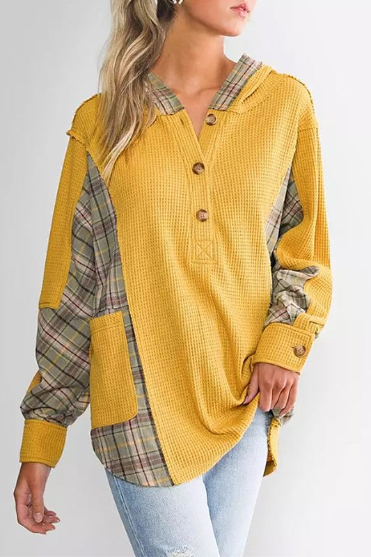 Kristen Waffle Knit Plaid Patchwork Pocketed Henley Hoodie