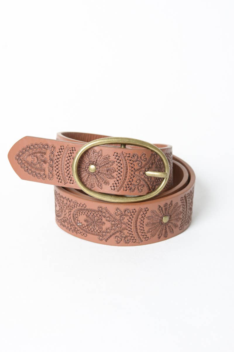 Floral Stitch Oval Buckle Belt: Camel