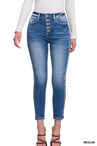 HIGH RISE BUTTON FLY ANKLE SKINNY DENIM PANTS