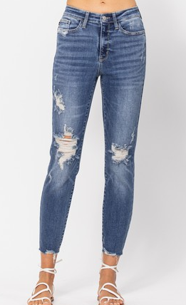 JUDY BLUE HIGH WAIST DESTROYED RELAXED FIT JEANS