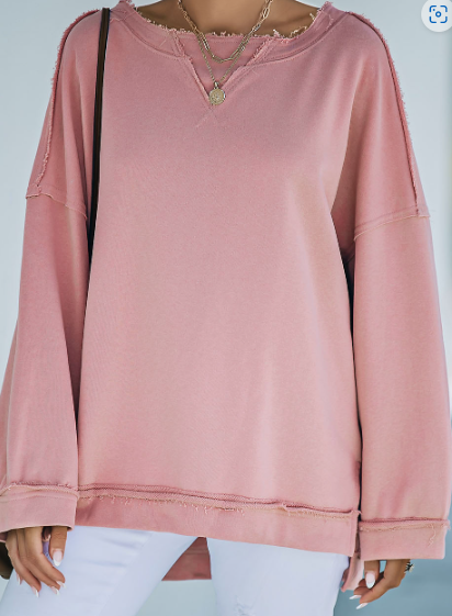 Pink Casual Frayed Trim Side Slit Loose Sweatshirt