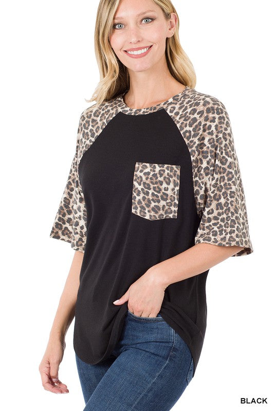 LEOPARD RAGLAN SLEEVE PATCH POCKET TOP