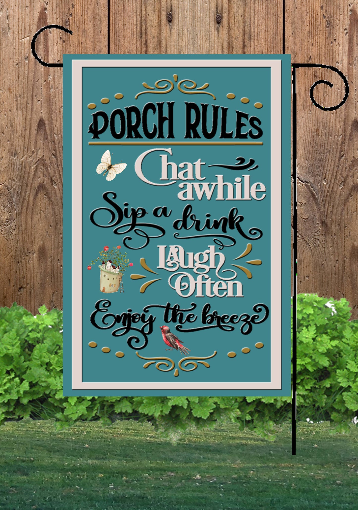 Porch Rules on Aqua Garden Flag G1410