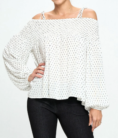 Cream Printed Smocked Off-the-Shoulder Top