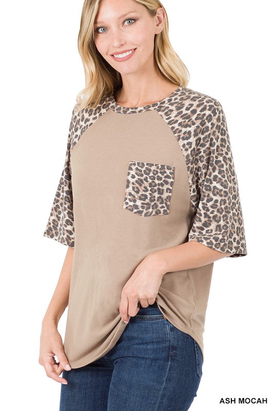 LEOPARD RAGLAN SLEEVE PATCH POCKET TOP