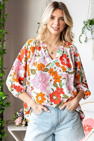 Floral Frill Trim Puff Sleeve Blouse
