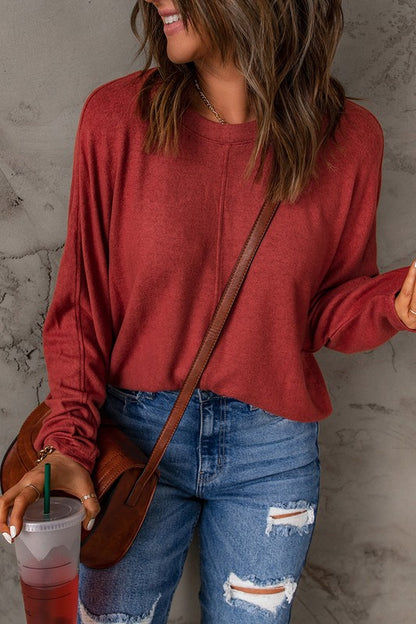 Solid Color Casual Seam Patchwork Long Sleeve Top Red