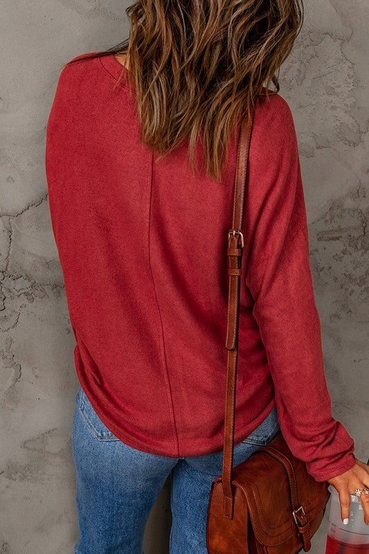 Solid Color Casual Seam Patchwork Long Sleeve Top Red